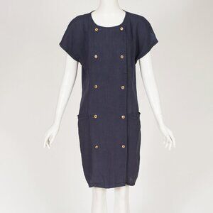 Genny 1980s Vintage Italian Navy Linen Double-Breasted Shift Dress Sz M L